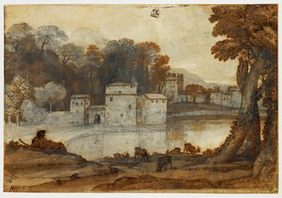 Herder naast een meer bij een versterkte molen ... door Claude Lorrain (1600-82)