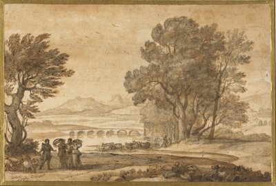 Een bebost rivierlandschap met Jacob, Laban en zijn dochters door Claude Lorrain