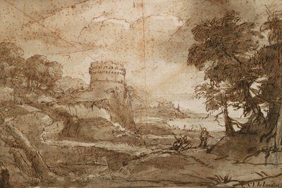 Landschap met ronde toren en baai door Claude Lorrain