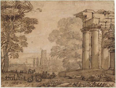 Landschap met Ruïnes, Pastorale Figuren en Bomen door Claude Lorrain