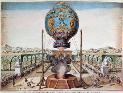 Ervaring van de Montgolfiere broers op 19 oktober 1783 in de tuin van Monsieur Reveillon, faubourg Saint Antoine in Parijs. Gravure door Desrais Claude Louis Desrais (1746-1816) door Claude Louis Desrais