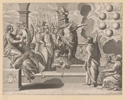 Allegorie met soldaten en het wapenschild van de Medicis door Claude Mellan