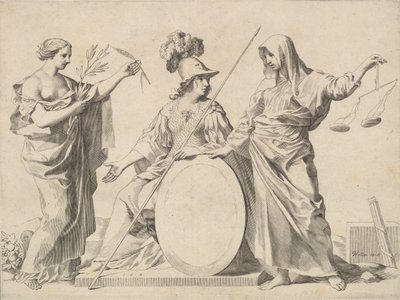Minerva geflankeerd door Vrede en Gerechtigheid Armoiries de Gallard et de Mesmes door Claude Mellan