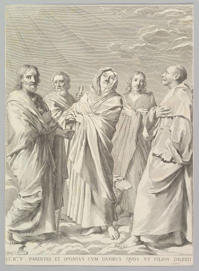 St. Anna, Jozef, Joachim, Bernard en Johannes de Evangelist Parenté de la Vierge door Claude Mellan