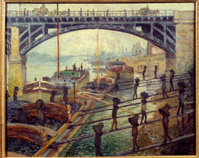 Debardeurs kolenlossers lossen goederen van de huisjes aan de oevers van de Seine door Claude Monet
