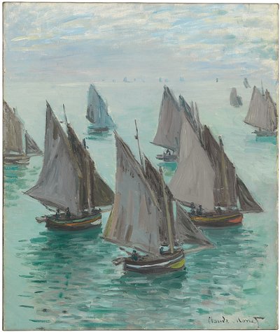 Vissersboten, kalme zee, 1868 door Claude Monet