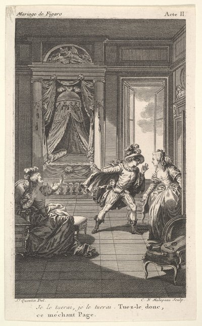 Een man leunt naar een vrouw die in een deuropening staat aan de rechterkant, links een zittende vrouw die haar hand opheft..., ca. 1784 door Claude Nicolas Malapeau