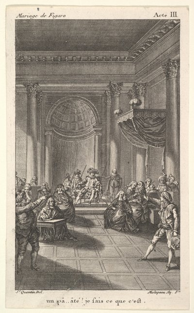 Een man zittend in een stoel op een verhoogd platform houdt een toespraak, twee wijzende mannen staan, ca. 1784 door Claude Nicolas Malapeau