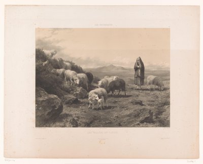 Herderin met schapen op de vlakte van Cantal door Claude Thielley