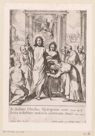Genezing van de lamme man en de kromme vrouw op sabbat door Claude Vignon