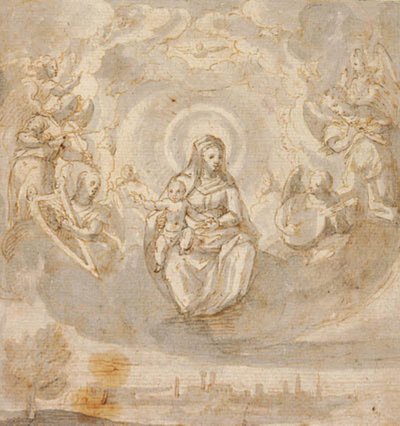 Maagd Maria met het kind Jezus, zittend op wolken omringd door engelen door Claudio Ridolfi