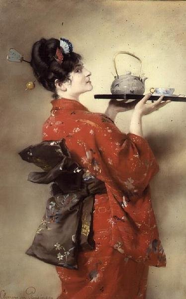 Portret van een Europese dame in Japanse kleding door Clemens von Pausinger
