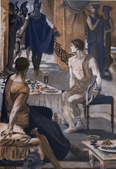 Achilles ontvangt de gezanten van Agamemnon. Illustratie door Clement Gontier (1876-1918) voor Homere