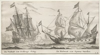 Verschillende schepen en uitzichten van Amsterdam, Deel II: De Vrijheid, een oorlogsschip. De Wolfshond, een Spaans schip door Clement de Jonghe