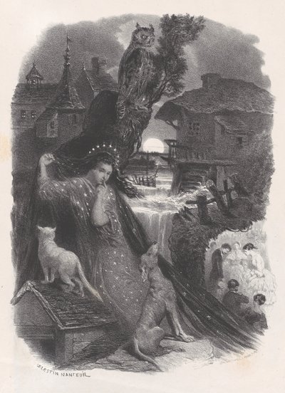 Nacht, vignet van meisje in 18e-eeuws kostuum dat rozen plukt op verso, ca. 1830-65 door Célestin Nanteuil