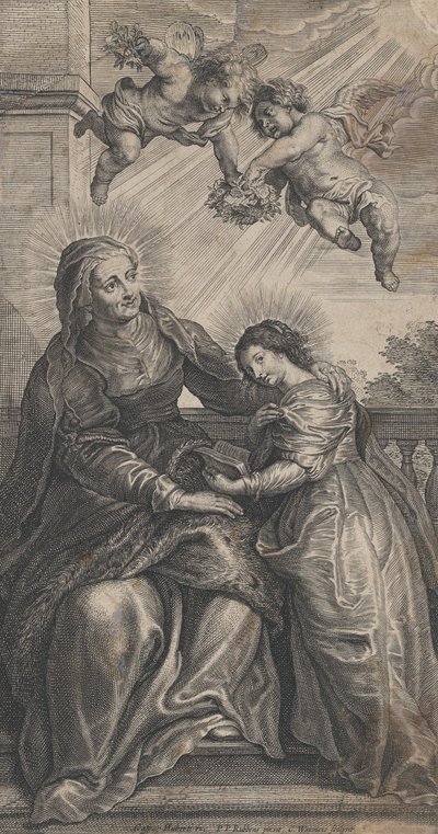 De opvoeding van de Maagd, met Sint Anna en de Maagd Maria lezend met twee personen door Coenrad Waumans