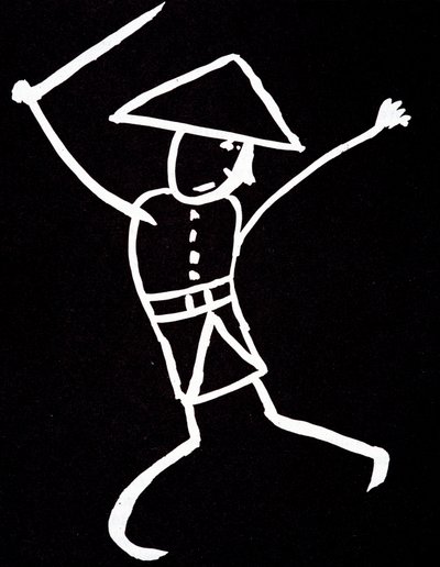 Personage met hoed, uniform en vleugels. Anime tekening door Emile Cohl (1857-1938) in wit op zwart. door Cohl