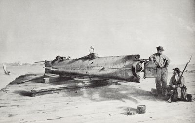 Geconfedereerde onderzeeër, Hunley (litho) door Conrad Wise Chapman