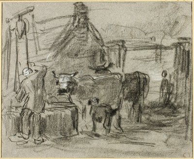 Boerderij met mens en vee door Constant Troyon