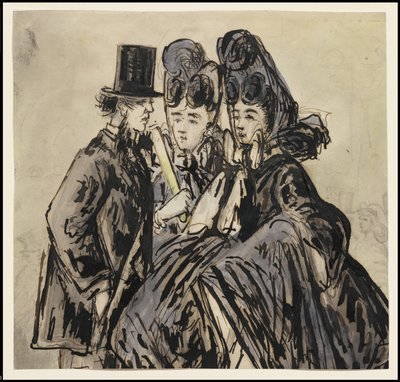 Een heer en twee dames, 1860s door Constantin Guys