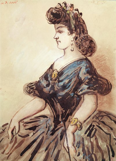 Halflang portret van een vrouw door Constantin Guys