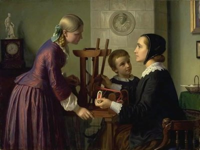 Een huisvrouw bij haar bandweefgetouw praat met twee kinderen door Constantin Hansen