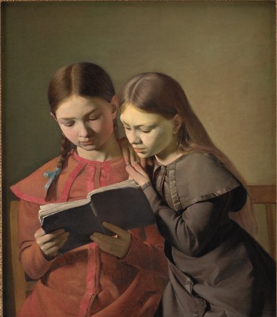 De Zusters van de Kunstenaar Signe en Henriette Lezen een Boek door Constantin Hansen