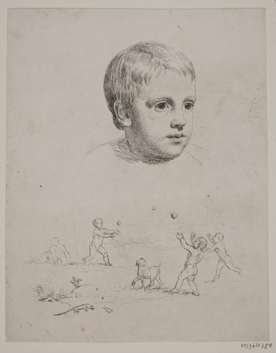 Boven portret van T. N. Thiele als kind, onder vier jongens die bal spelen door Constantin Hansen