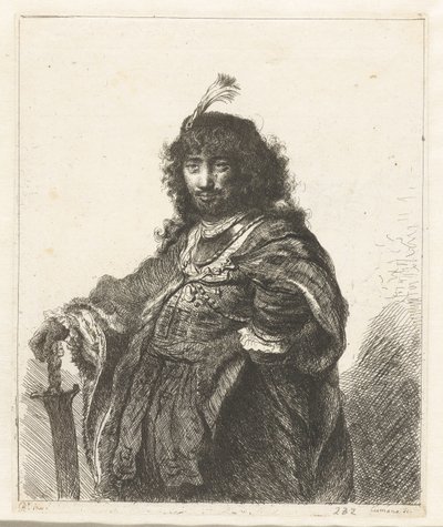 Zelfportret (?) met gevederde hoed en neergeslagen sabel door Constantino Cumano