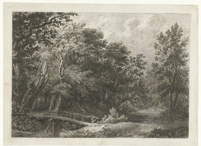 Bosgezicht met houten brug door Constantinus Cornelis Huysmans
