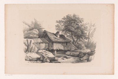 Houten huis boven rivier door Constantinus Cornelis Huysmans
