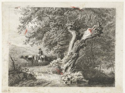 Landschap met kale boom en herder door Constantinus Cornelis Huysmans