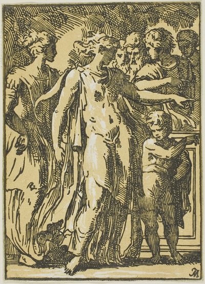 Een vrouw, een kind en figuren rond een voetstuk door Conte Antonio Maria Zanetti the Elder