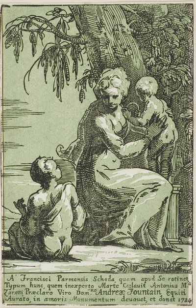 Een vrouw aan de voet van een boom die een kind vasthoudt door Conte Antonio Maria Zanetti the Elder