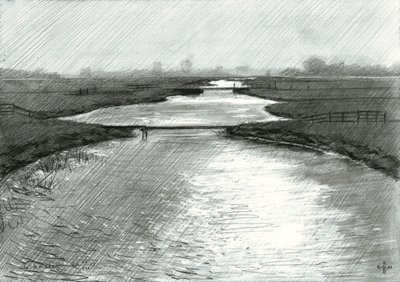 Schets van een rustig rivierlandschap door Corné Akkers