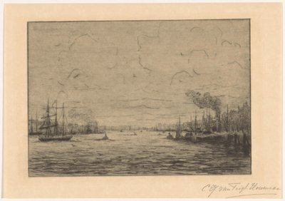 Gezicht op de Maas bij Rotterdam door Cornelia Christina Johanna van Trigt Hoevenaar (signed by artist)