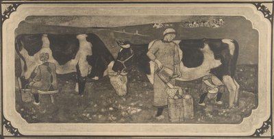 Fotoreproductie van ontwerptekening met boerinnen en koeien voor glas-in-loodraam door Richard Roland Holst door Cornelis Albertus Deul