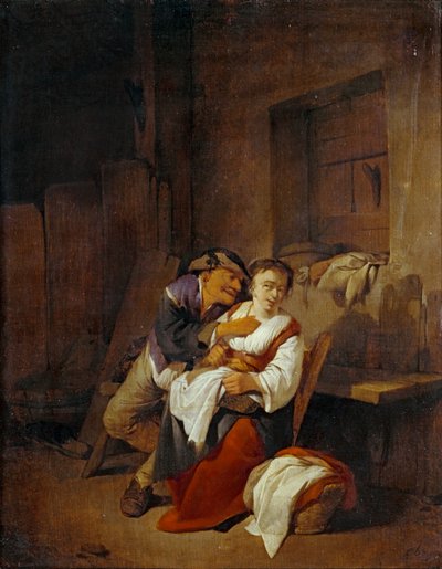 Oude man worstelt met jonge vrouw in ... door Cornelis Bega