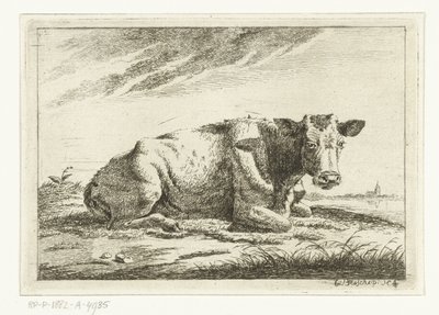 Landschap met liggende koe zonder horens (serie titel: Koeien) door Cornelis  Bisschop
