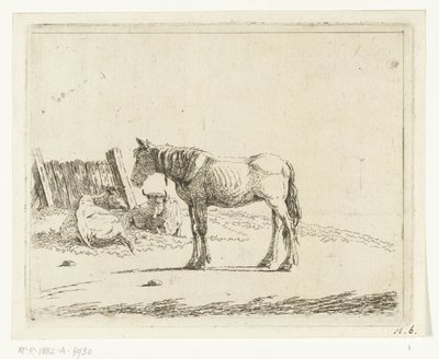 Landschap met paard en twee koeien bij hek door Cornelis  Bisschop