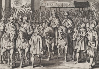 Plaat 3: Karel V gekroond tot keizer die Rome binnenkomt met de paus, uit de Triomfen van Karel..., 1614 door Cornelis Boel