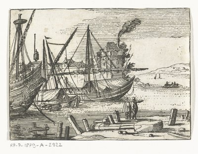 Havengezicht met twee zeilschepen en een galjoen, twee mannen staan op de kade door Cornelis Bol (attributed to)