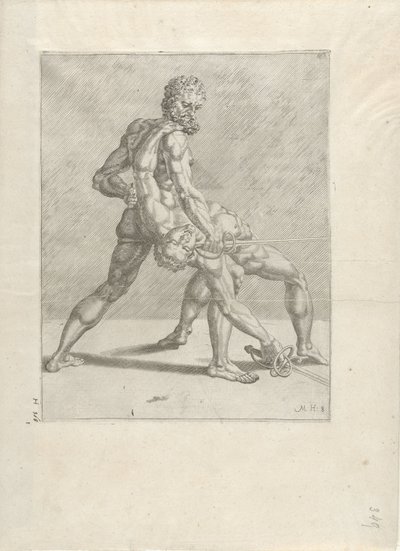 Twee zwaardvechters door Cornelis Bos (possibly)
