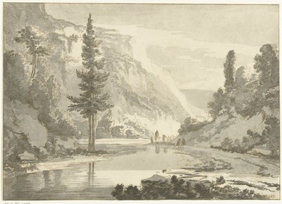 Berglandschap met herders op een rivieroever door Cornelis Brouwer