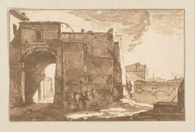 Poort met reiziger en muildier door Cornelis Brouwer