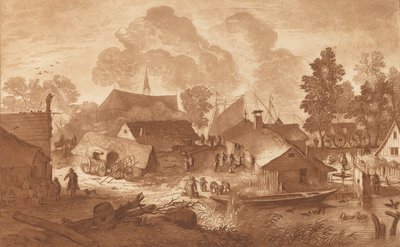 Dorp met vijver door Cornelis Brouwer