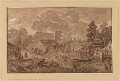 Dorp met vijver door Cornelis Brouwer