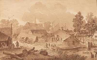 Dorp met vijver door Cornelis Brouwer