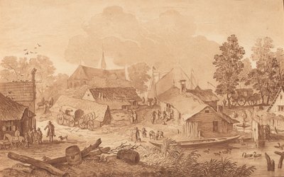Dorp met vijver, ca. 1782 door Cornelis Brouwer