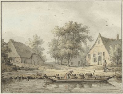 Landschap met afgemeerde schuit met vaten door Cornelis Buys